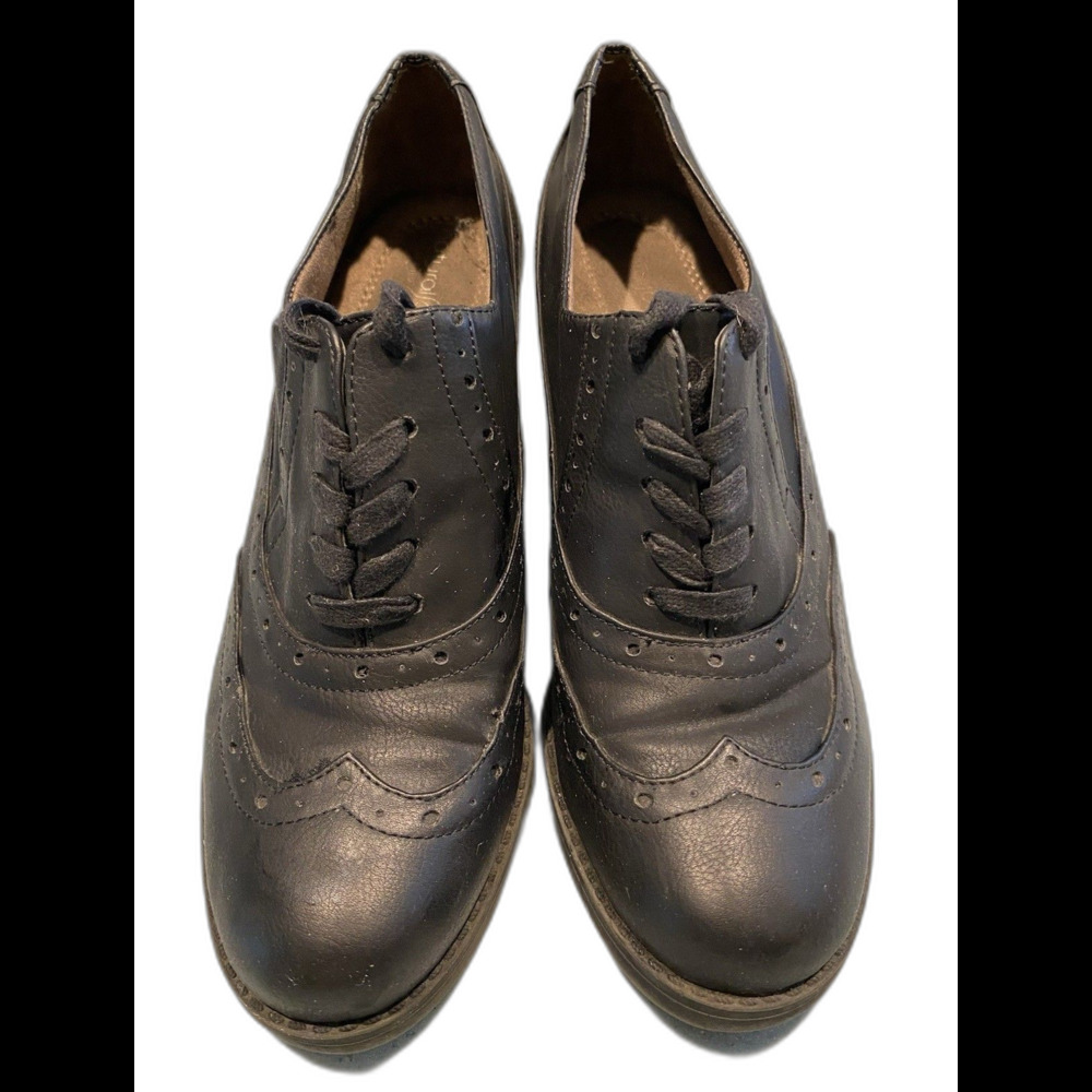Joyce Women’s Black Leather Wingtip Brogue Lace-Up Oxford Heels Sz 9